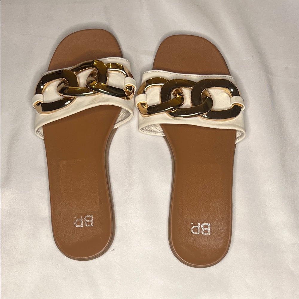 BP Women's Classy Cream and Gold Chain Slide Sandals Quiet Luxury Beach Vacation